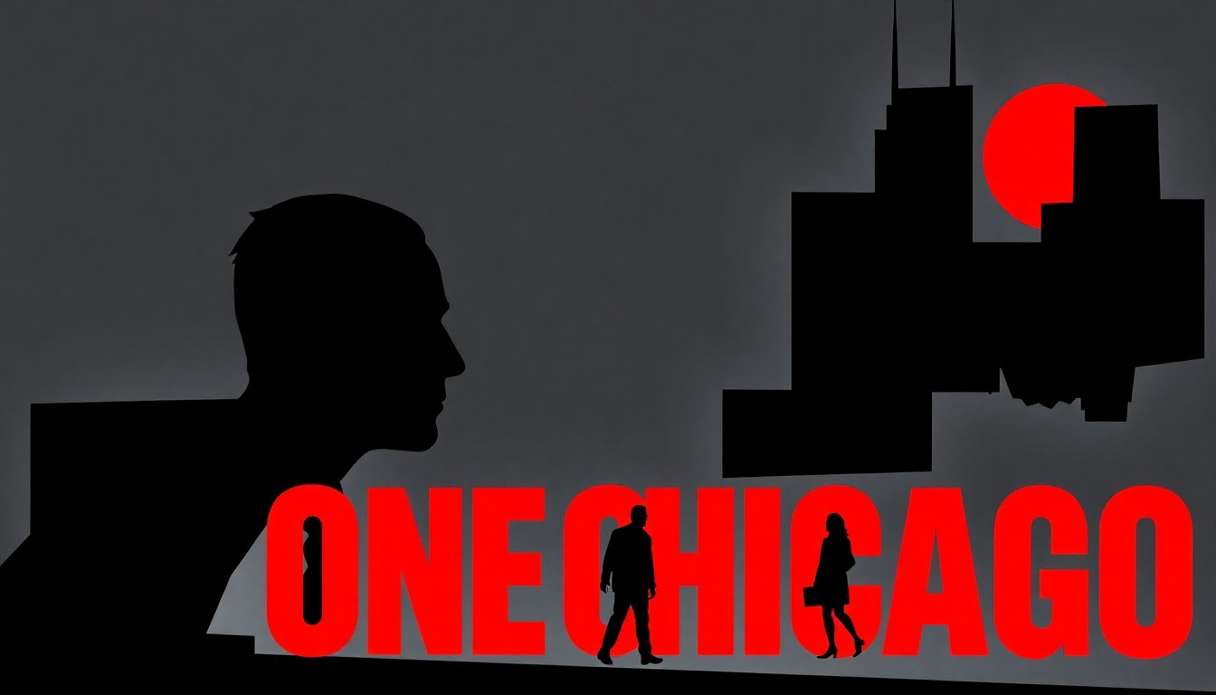 An abstract, minimalist composition featuring bold, jagged shapes and silhouettes in dark grey, navy, and bright red, conceptually representing the interconnected One Chicago universe.