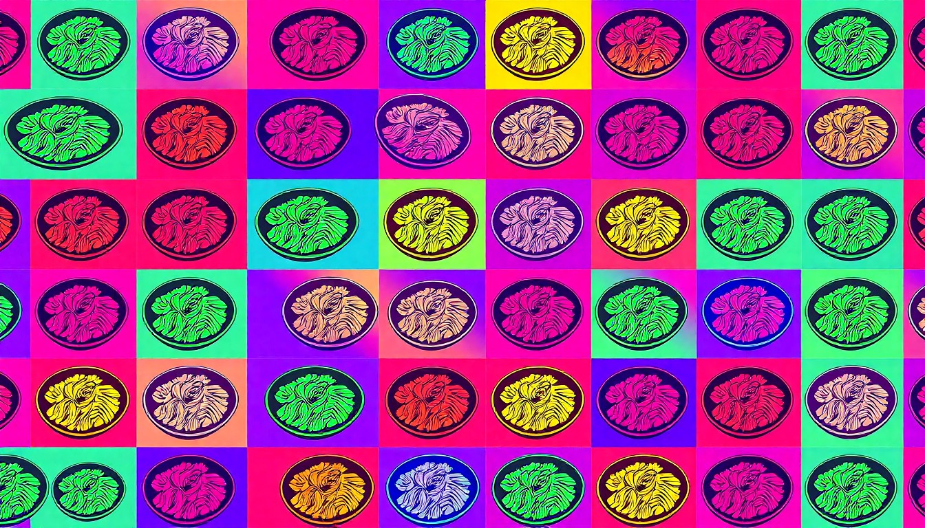 A high-contrast silkscreen print featuring a repeated image of a traditional Ecuadorian dish, such as ceviche or llapingachos, in a grid pattern with bright, unnatural colors and heavy black outlines, conceptually representing the bold flavors and presentation of the restaurant's cuisine.