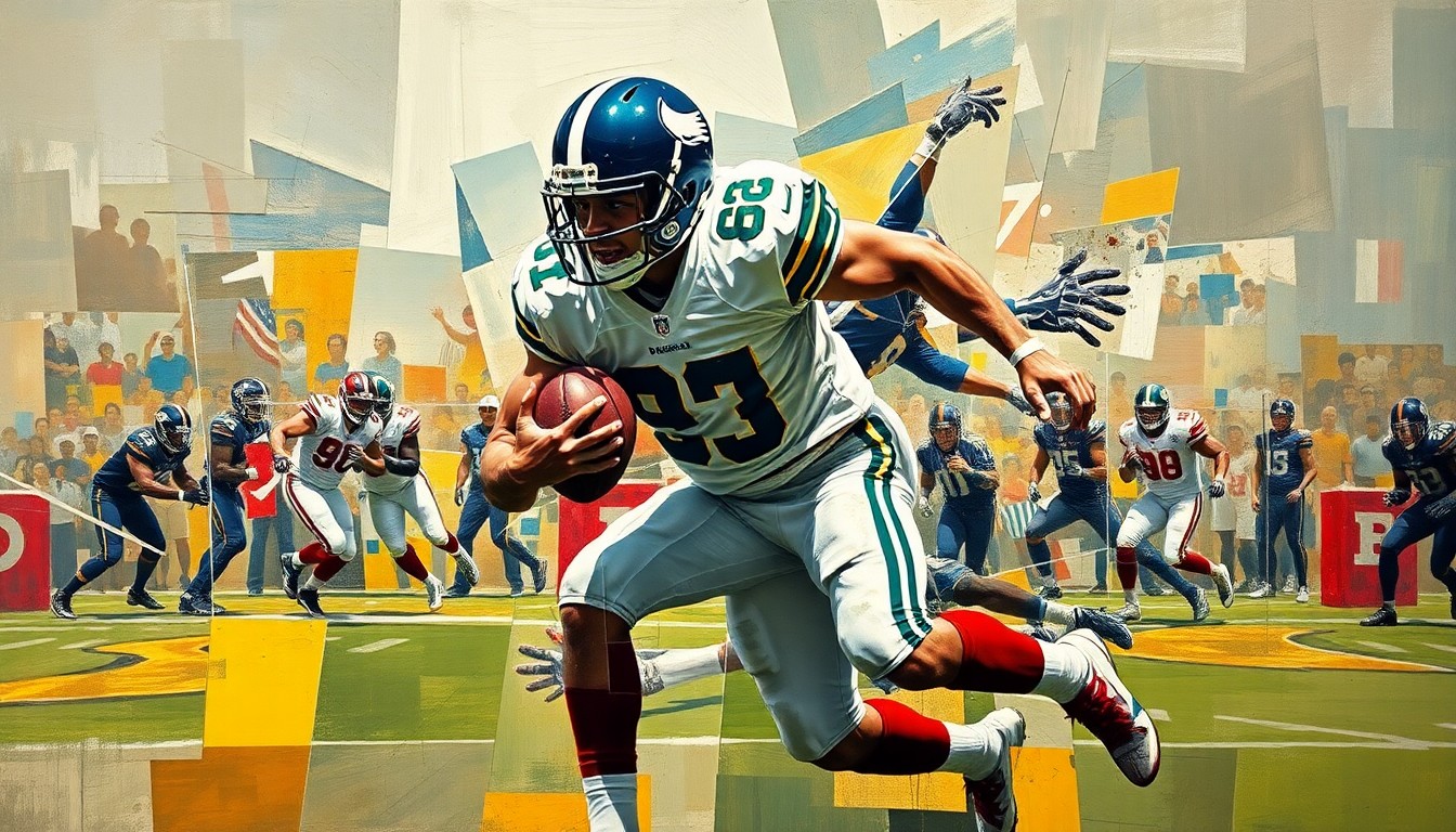 A cubist-style painting depicting a defensive tackle making a forceful tackle, with the player's body broken down into sharp, overlapping geometric shapes in a dynamic, multi-perspective composition.