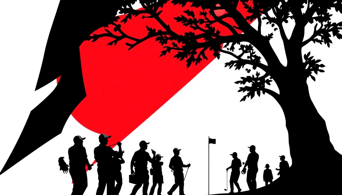 A bold, abstract illustration featuring jagged, geometric shapes in red, white, and black, conceptually representing the energy and spirit of a charity golf event and community celebration.