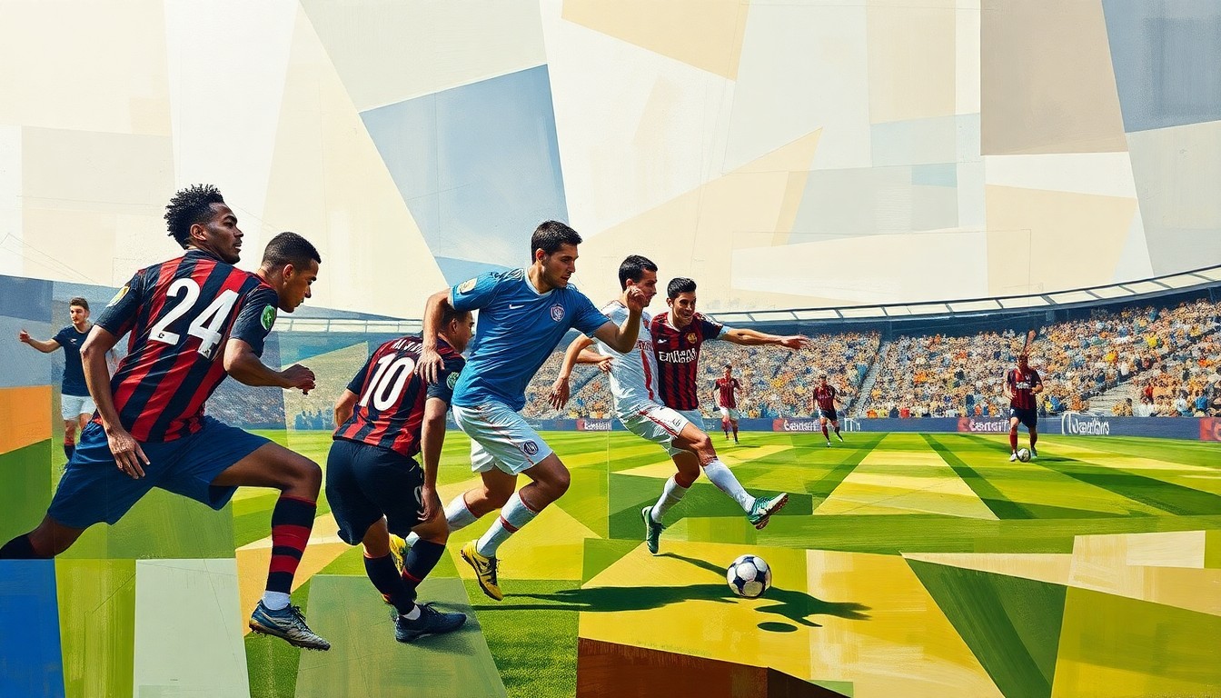 A cubist-style painting depicting a soccer player in motion, with their body and the ball broken down into overlapping geometric shapes and planes in a vibrant color palette, conveying the dynamic and fluid nature of the sport.