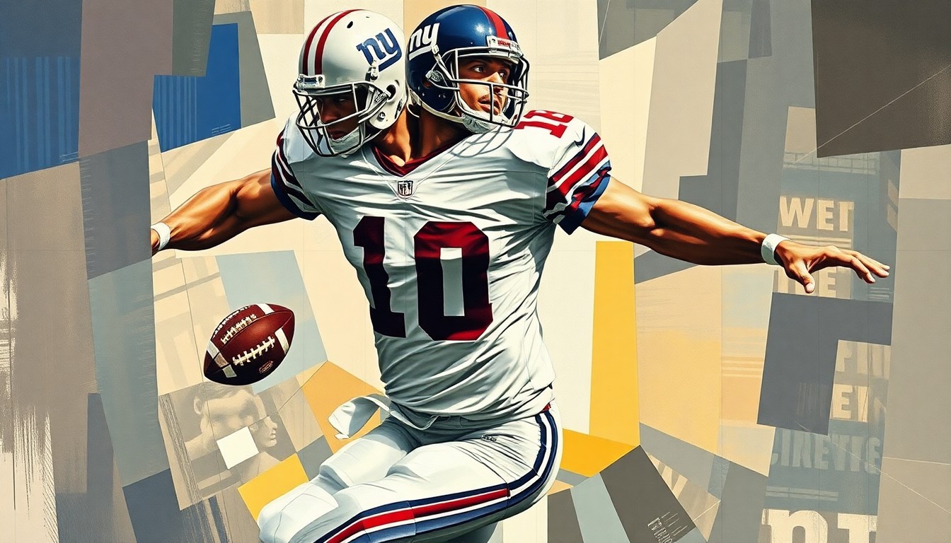 A fractured, cubist-style painting depicting a football player in mid-action, with sharp, overlapping geometric planes representing the player's movement and the Giants' defensive strategy.