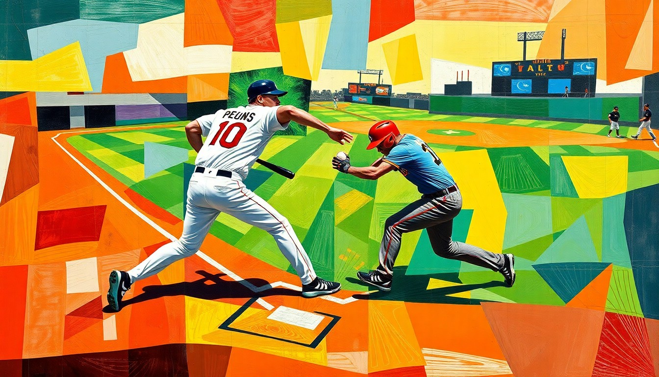 A fractured, multi-perspective painting depicting the collision of two baseball players in an outfield, their bodies and equipment broken down into sharp, overlapping geometric shapes and planes of vibrant colors.