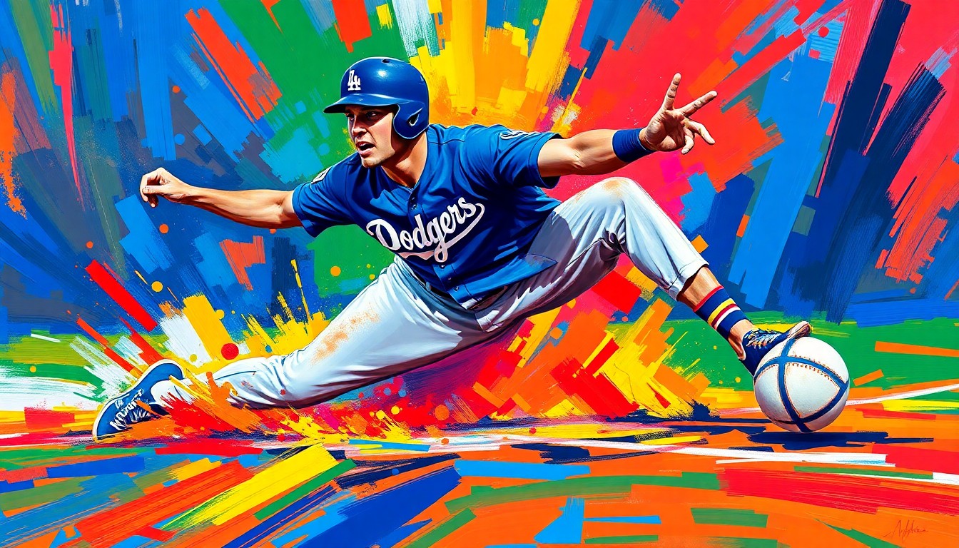 An abstract, energetic painting featuring a Dodgers baseball player in a blue jersey sliding into home plate, with vibrant brushstrokes and neon colors capturing the dynamic motion of the play.