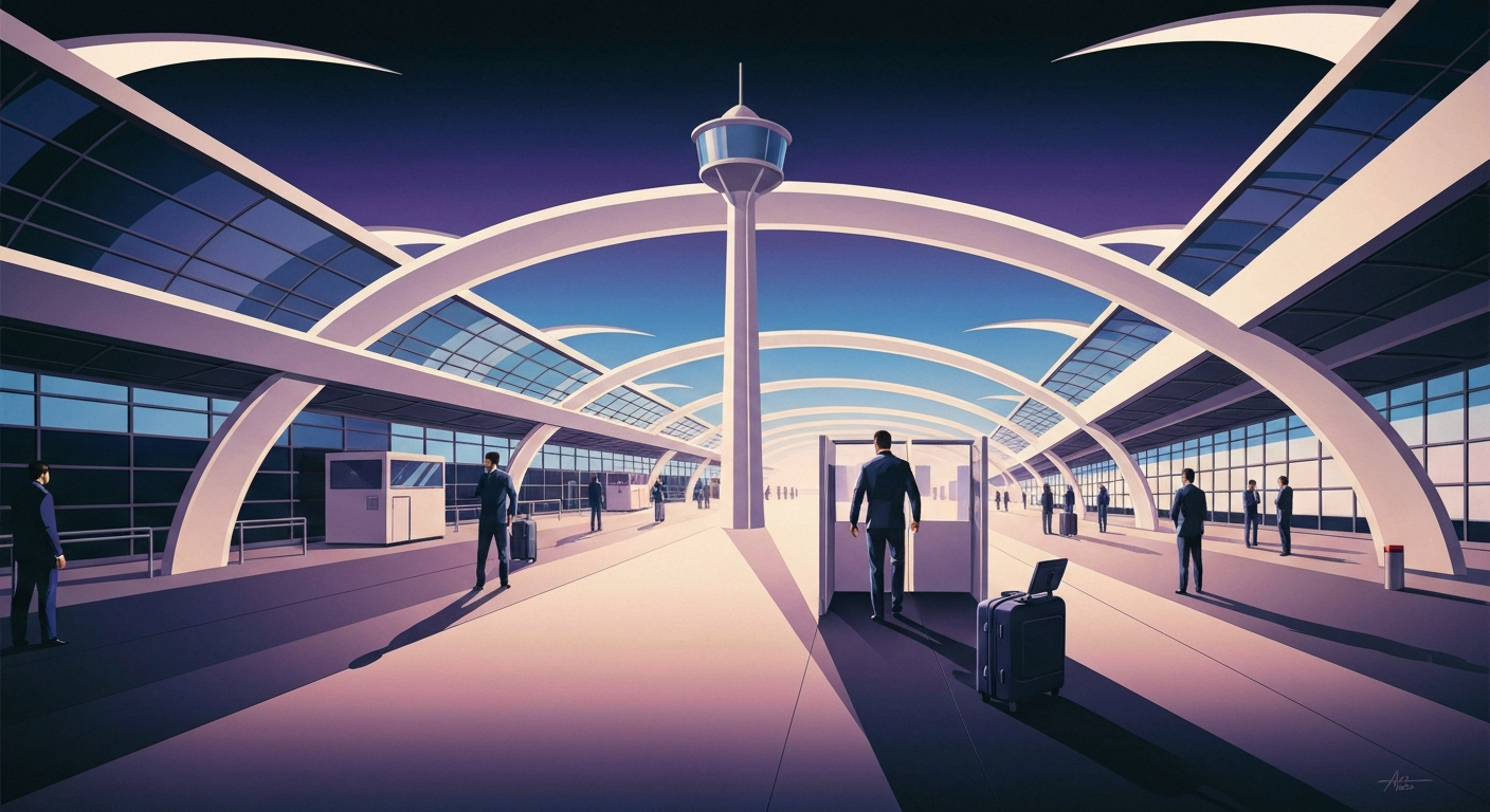A bold, geometric illustration in the Art Deco style, depicting the towering architecture of an airport terminal under heightened security, with a sense of tension and uncertainty conveyed through the sweeping, streamlined forms.