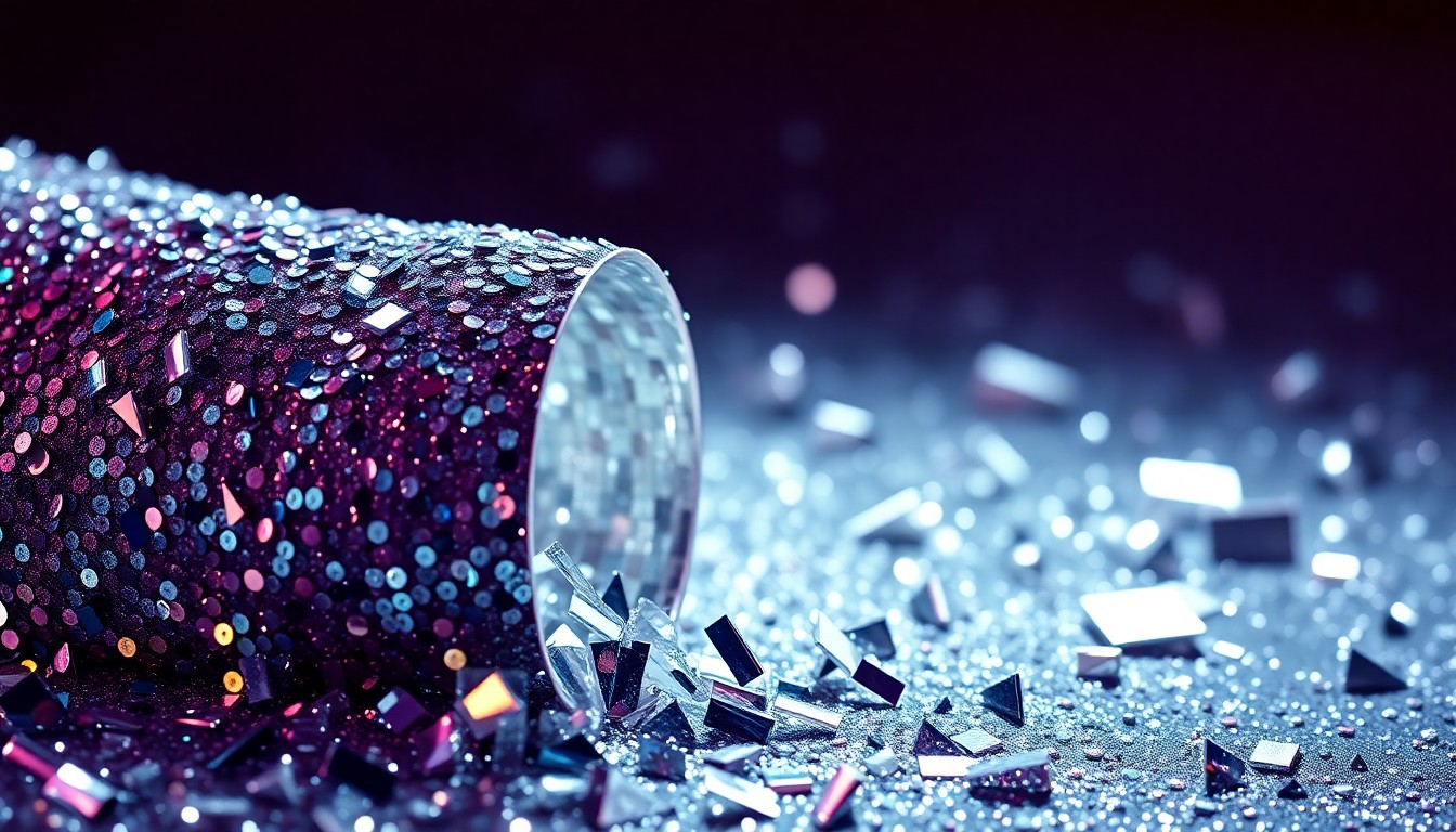An extreme close-up photograph of shimmering sequins and shattered glass, capturing the glamour and energy of a major music festival performance.