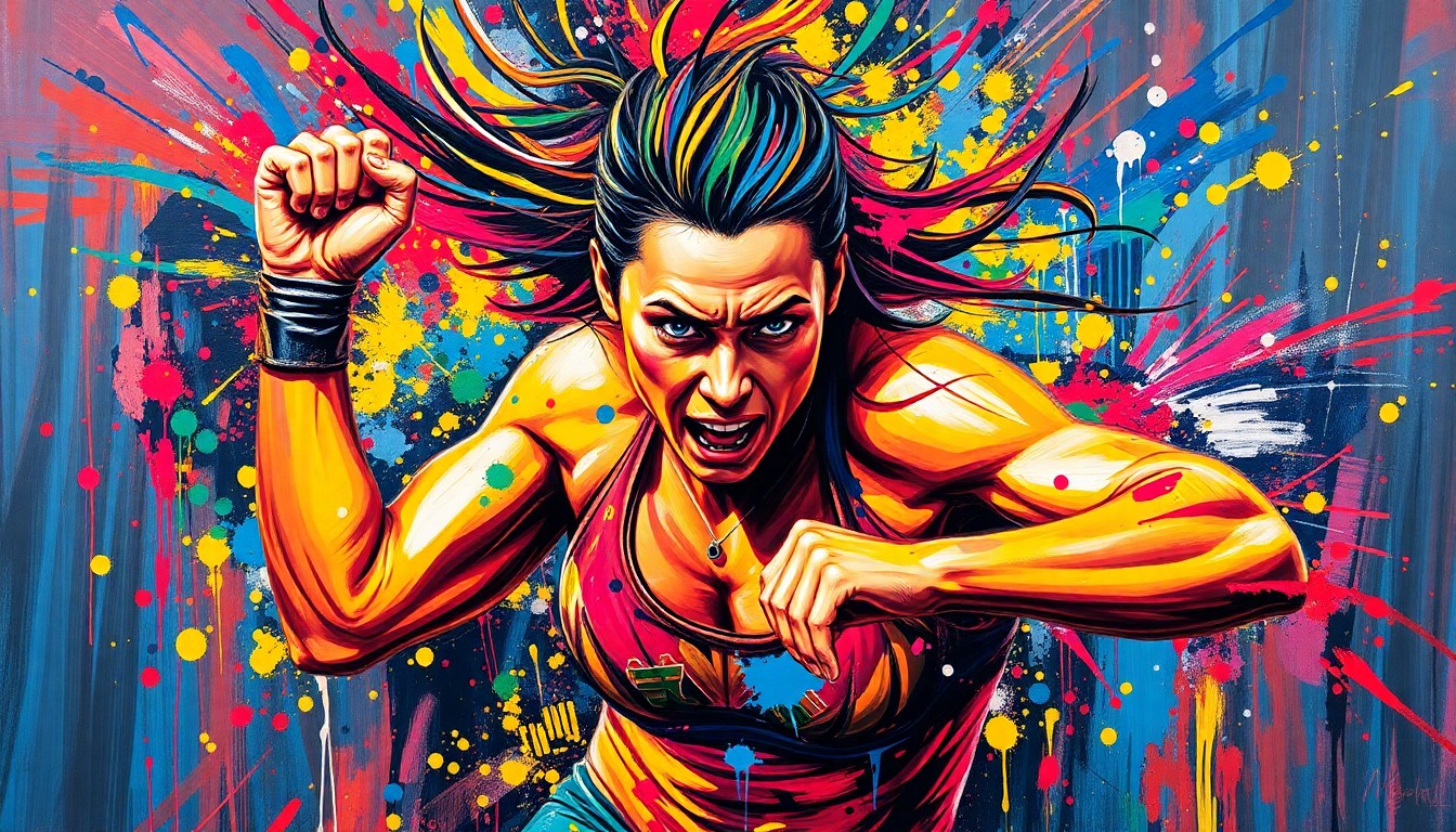 An abstract, expressionist painting in vibrant neon colors depicts the powerful movements and energy of a female wrestler, with her face and body dissolving into unrecognizable brushstrokes.