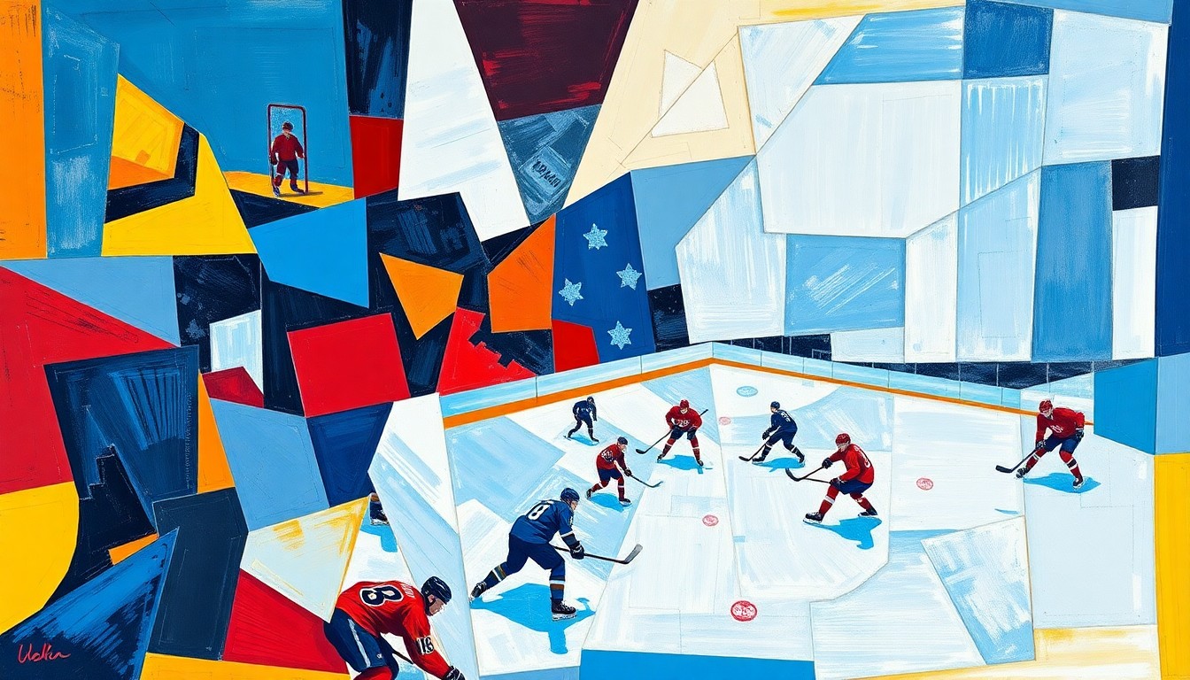 A fractured, cubist-style painting depicting a hockey game broken down into sharp, overlapping geometric shapes in vibrant colors, capturing the intensity and chaos of the final stretch of the NHL regular season.