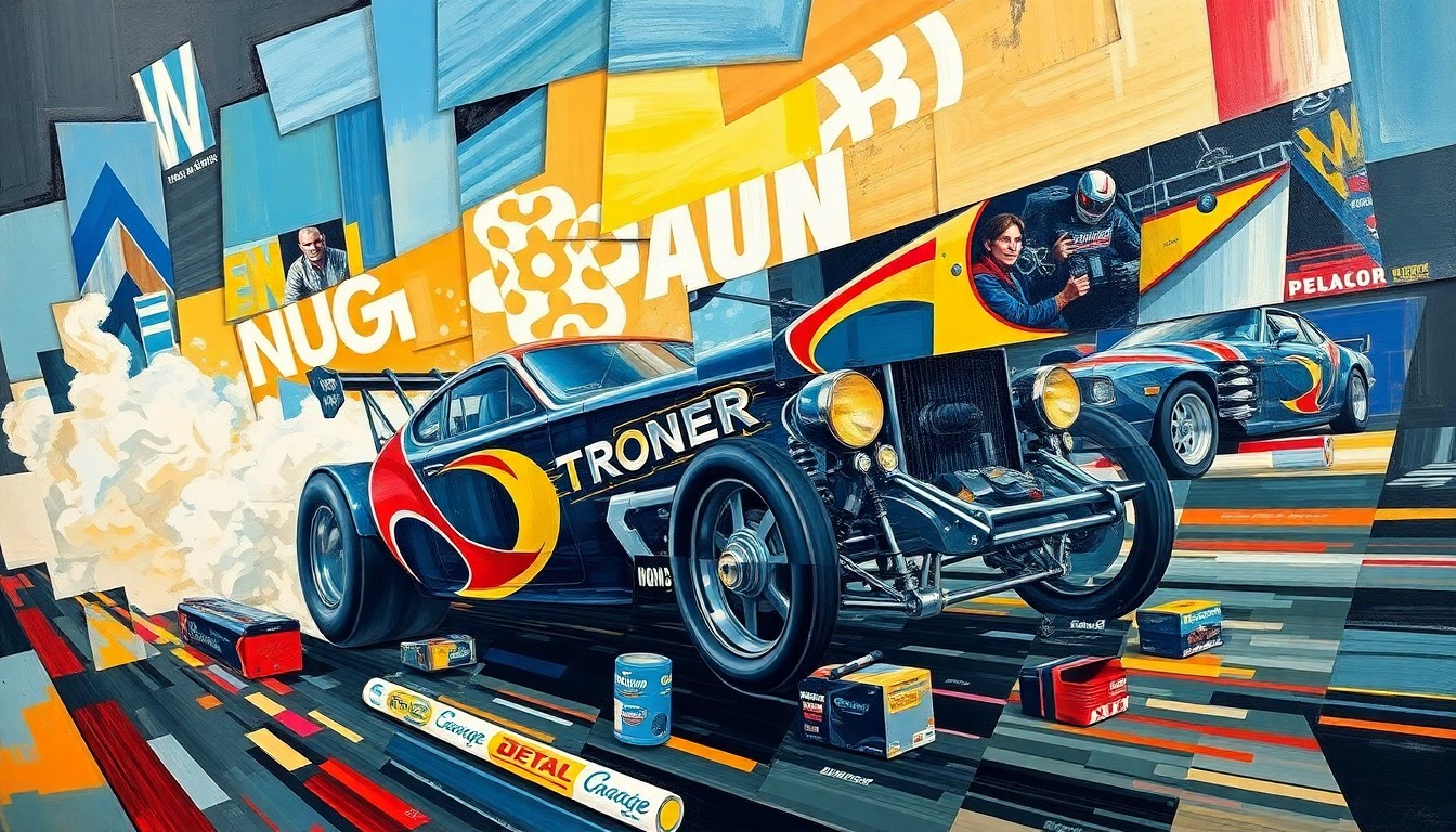 A cubist, geometric painting depicting a fragmented drag racing scene, with sharp planes of color and overlapping perspectives conveying the technical and high-energy nature of the sport.