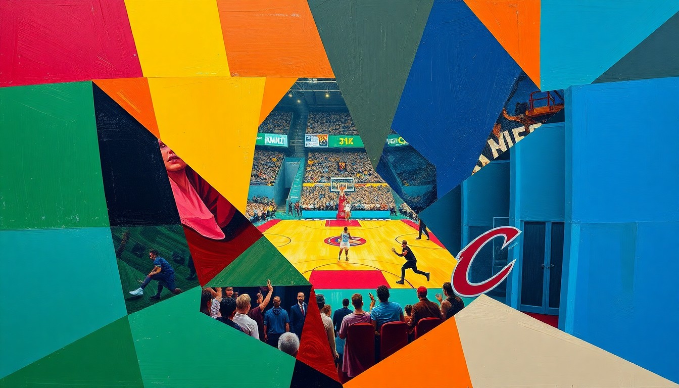 A cubist, geometric painting in shades of red, blue, and orange, depicting the fragmented motion and energy of a WNBA basketball game.