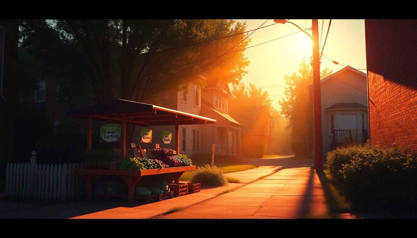 A serene painting of an outdoor farm stand in soft, warm tones, conveying the grassroots spirit of a local mayoral candidate's campaign.