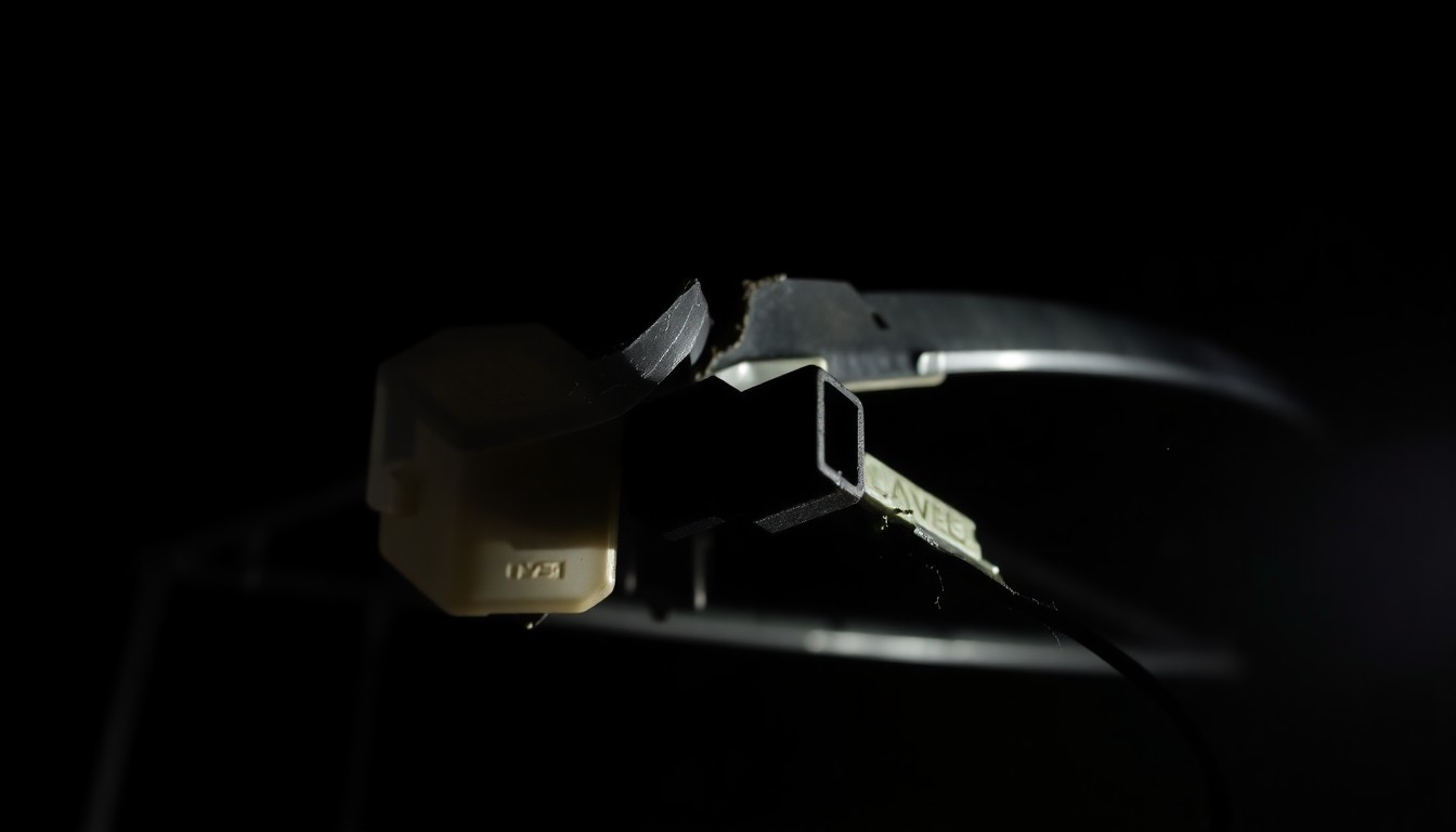 An extreme close-up photograph of a damaged car sensor or greenhouse frame, capturing the stark, gritty aftermath of the Dreyer Farms crash site.