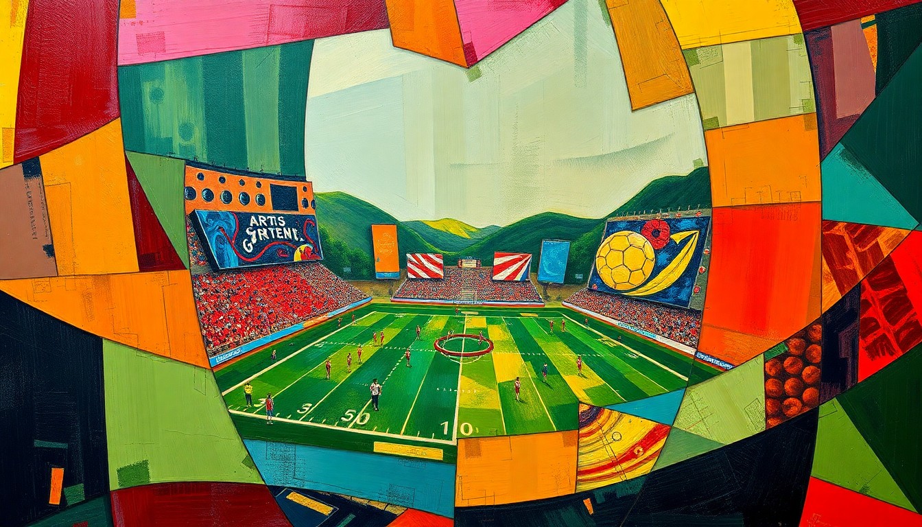 A fractured, multi-perspective painting in a cubist style, breaking down a football game and an arts festival into sharp, overlapping geometric planes in a palette of crimson red, forest green, and golden yellow.