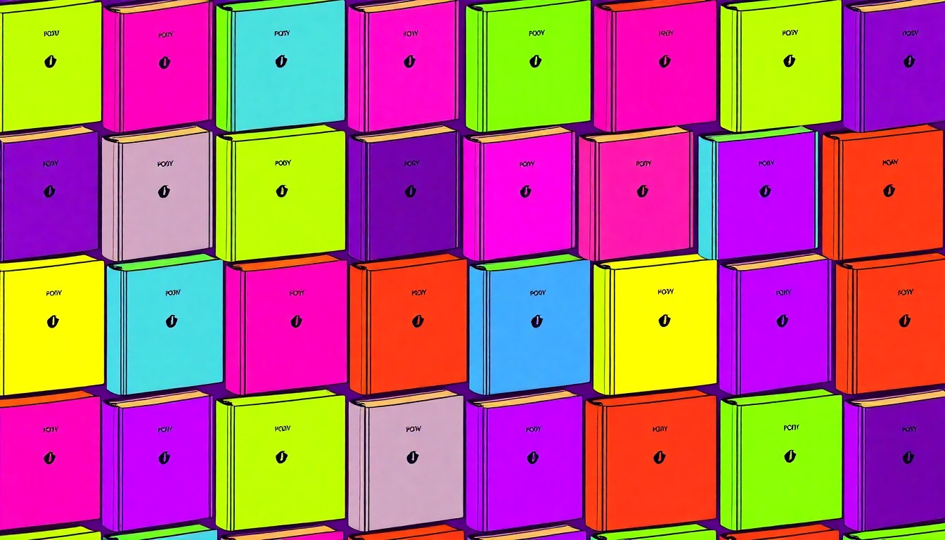 A bold, graphic silkscreen print featuring a single, iconic poetry book or journal repeated in a tight grid pattern, rendered in a neon color palette and heavy black outlines to capture the dynamic spirit of spoken word performance.