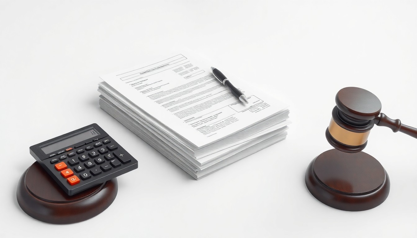 A minimalist studio still life photograph featuring a stack of financial documents, a calculator, and a gavel floating on a clean white background, conceptually representing an investigation into corporate fraud and securities violations.