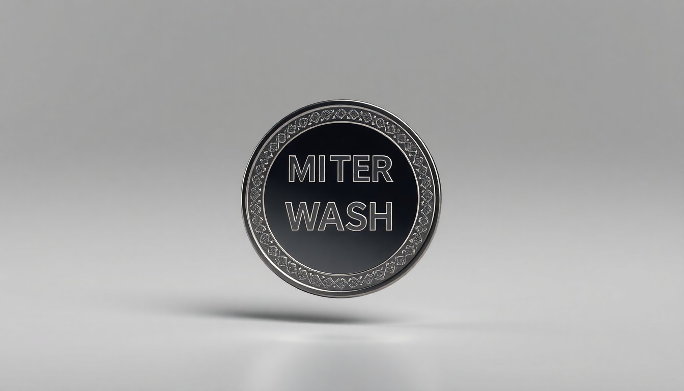 A photorealistic studio still-life photograph of a polished metal car wash token or coin floating on a clean, monochromatic grey background, conceptually representing the abstract corporate strategy and financial implications of the Mister Car Wash buyout.