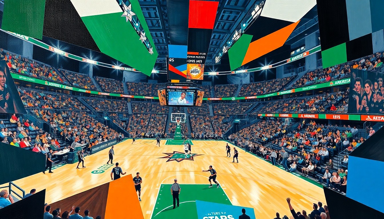 A cubist, geometric painting depicting a basketball game and hockey match happening simultaneously in an abstract, fragmented style, with the vibrant colors of the Mavericks and Stars uniforms overlapping across the canvas.