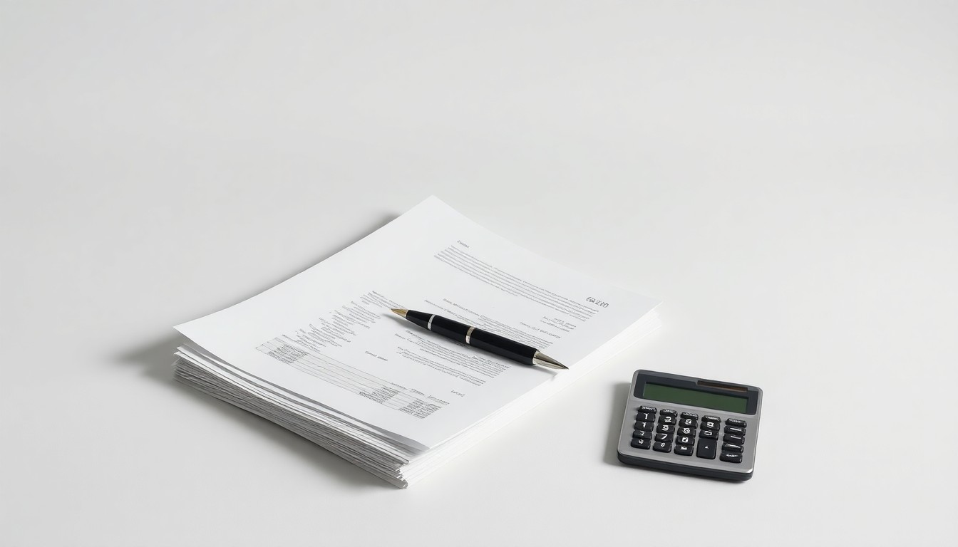 A minimalist studio still life photograph featuring a stack of financial documents, a pen, and a calculator arranged elegantly on a clean, monochromatic background, conceptually representing the abstract corporate strategy and finance issues at the heart of the shareholder investigation.