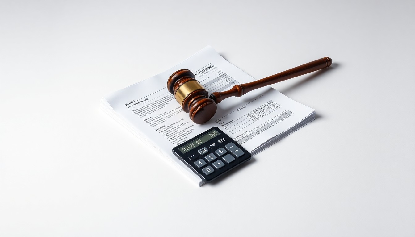 A photorealistic studio still life featuring a stack of financial reports, a calculator, and a gavel on a clean, monochromatic background, conceptually representing the abstract themes of corporate finance, legal proceedings, and accountability.