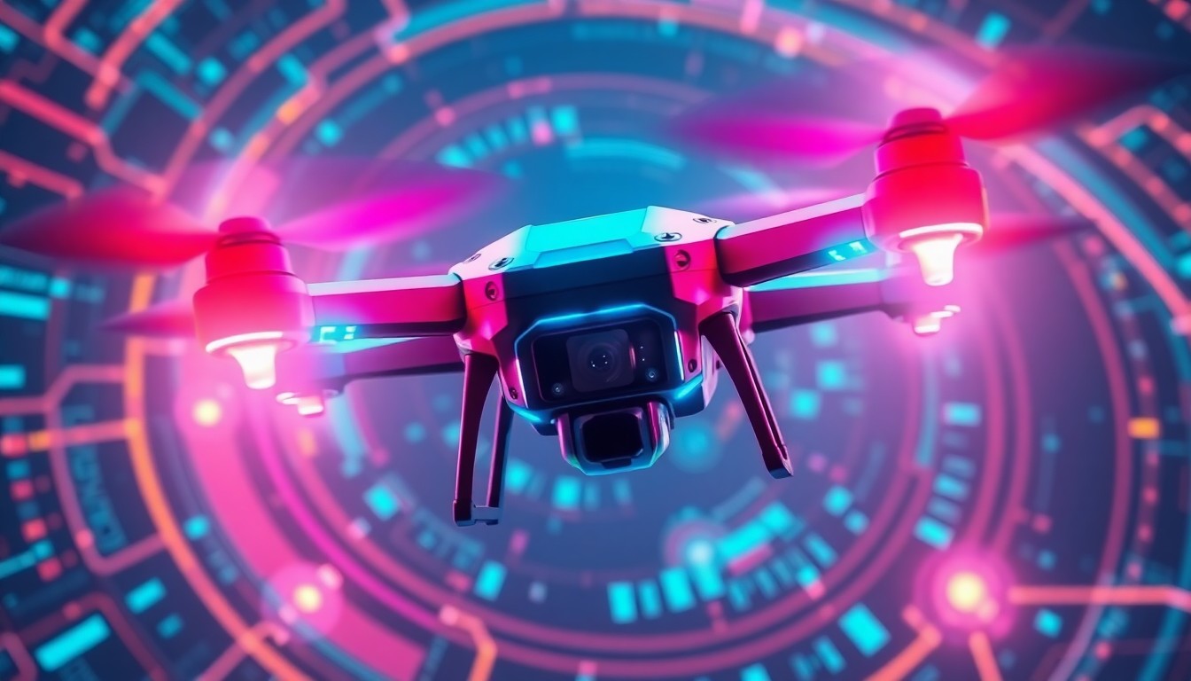 A highly detailed, glowing 3D illustration of a search-and-rescue drone in flight, with its sensors and modules illuminated by neon lights against a cyberpunk-inspired digital landscape, conceptually representing the innovative technology developed by student entrepreneurs.