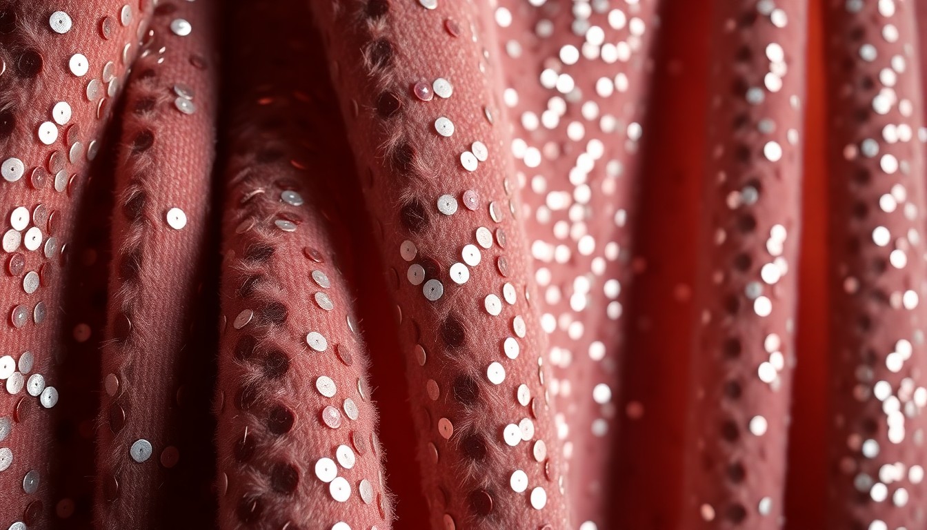 An extreme close-up photograph of a shimmering, sequined fabric texture, captured with dramatic studio lighting to create a high-fashion, glamorous aesthetic.