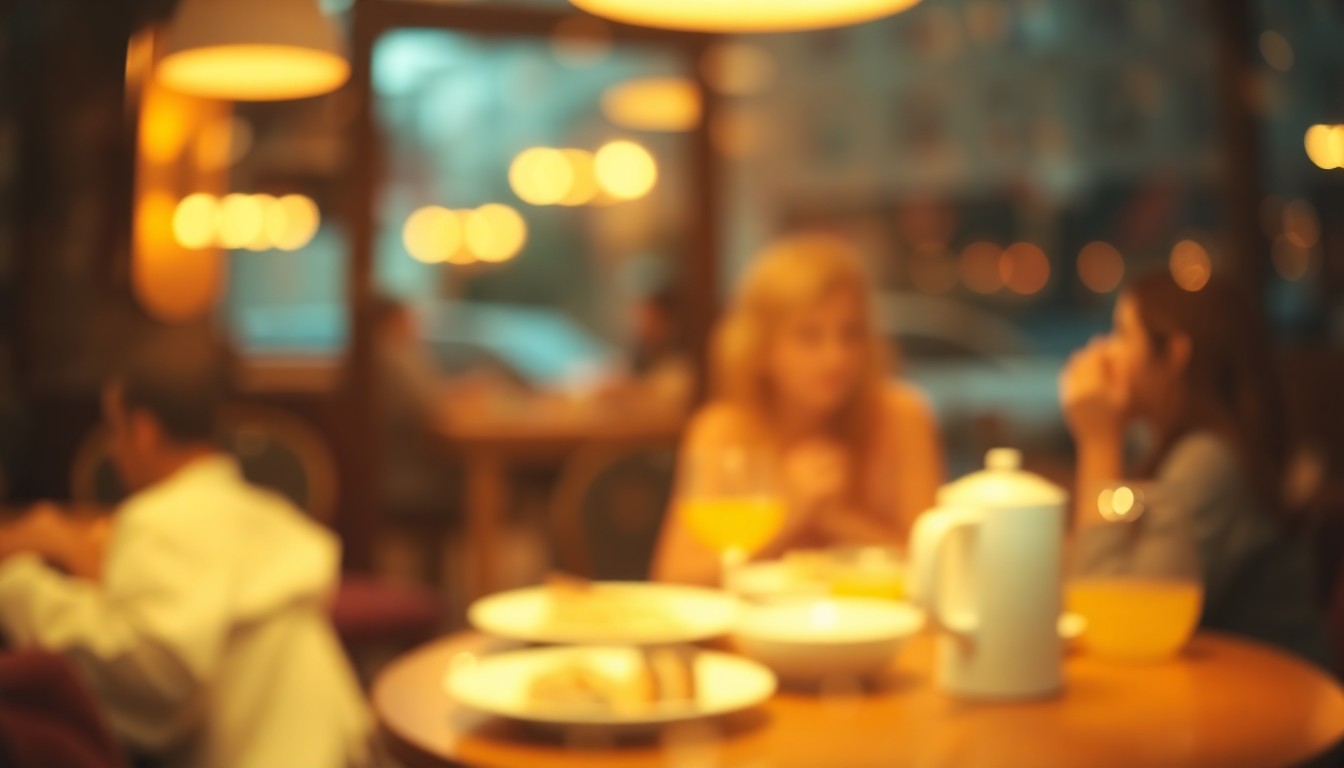 An extremely abstracted, out-of-focus photograph in warm tones, capturing the intimate and inviting atmosphere of a local brunch restaurant.