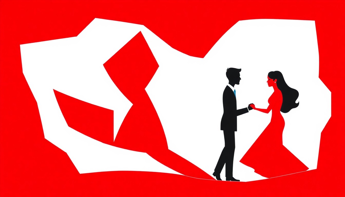 An abstract, minimalist illustration using bold, jagged shapes and high-contrast colors to conceptually represent the idea of a surprise engagement celebration, without depicting any specific people, places or objects.