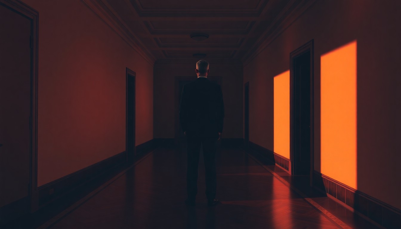 A quiet, cinematic painting of a solitary politician standing alone in an empty government building hallway, the space bathed in warm, diagonal sunlight and deep shadows, capturing a contemplative mood.