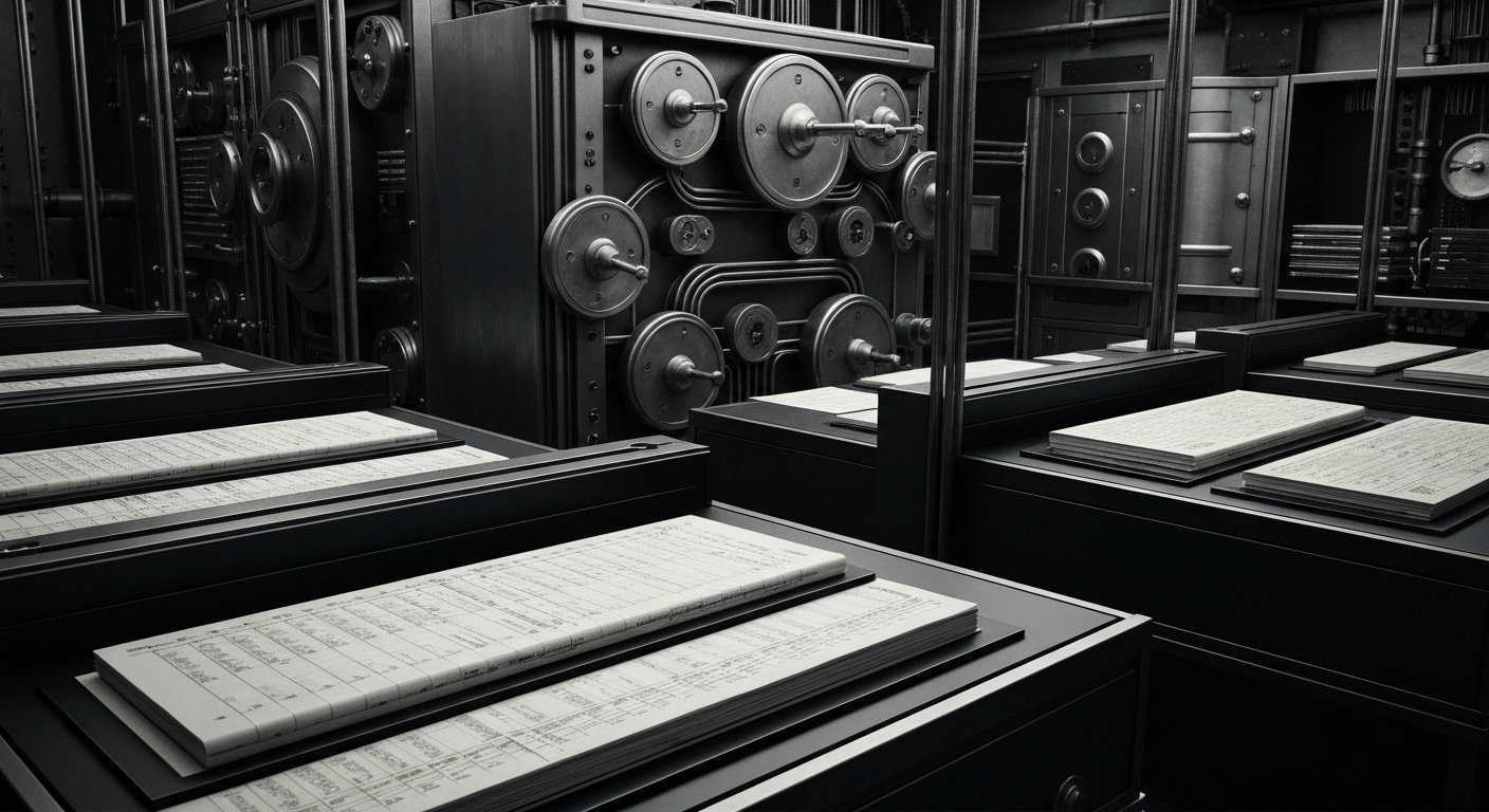 A high-contrast, cinematic close-up of complex financial machinery and equipment, conveying a sense of institutional power and the tangible mechanics of the financial system.