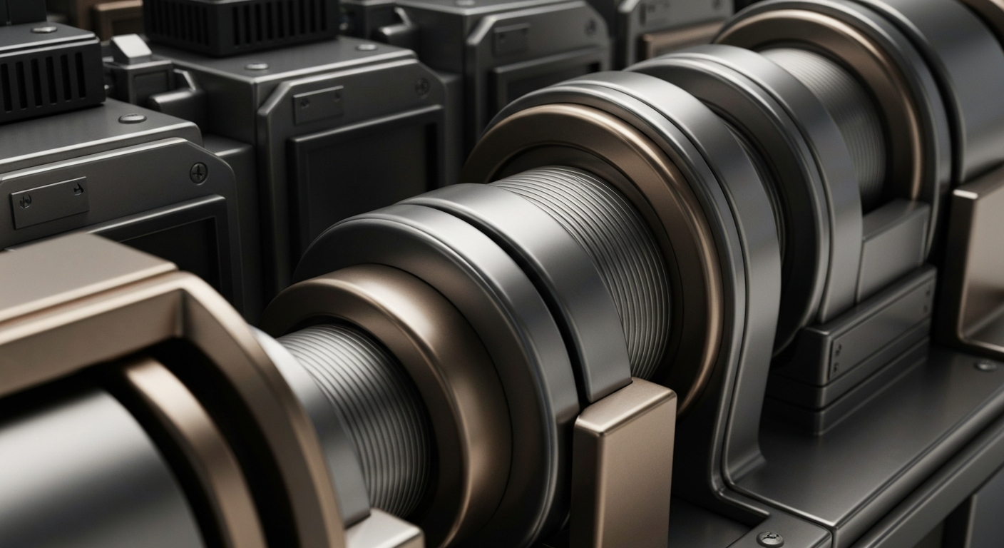 An extreme close-up of intricate, metallic banking machinery and equipment, conveying a sense of the secure, powerful infrastructure underlying the financial industry.