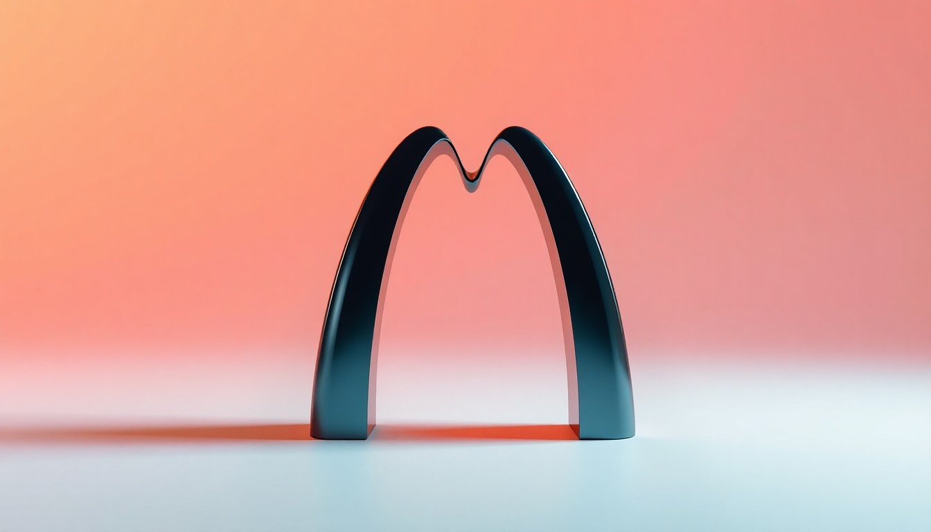 A polished metal sculpture in the shape of the McDonald's golden arches, resting on a clean, monochromatic background and dramatically lit to convey the company's corporate strategy and market position.