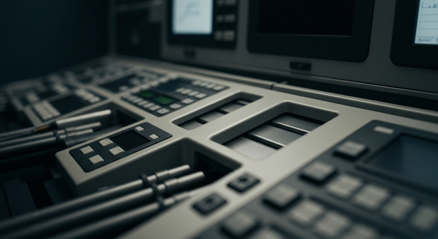 An extreme close-up of heavy, industrial banking equipment and machinery, conveying a sense of institutional financial power and security without using literal currency or charts.