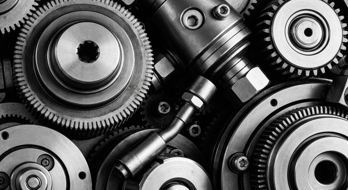 A high-contrast black and white close-up photograph of the intricate mechanical components that make up Sensata's industrial sensor technology, conveying the company's role in powering essential systems and infrastructure.