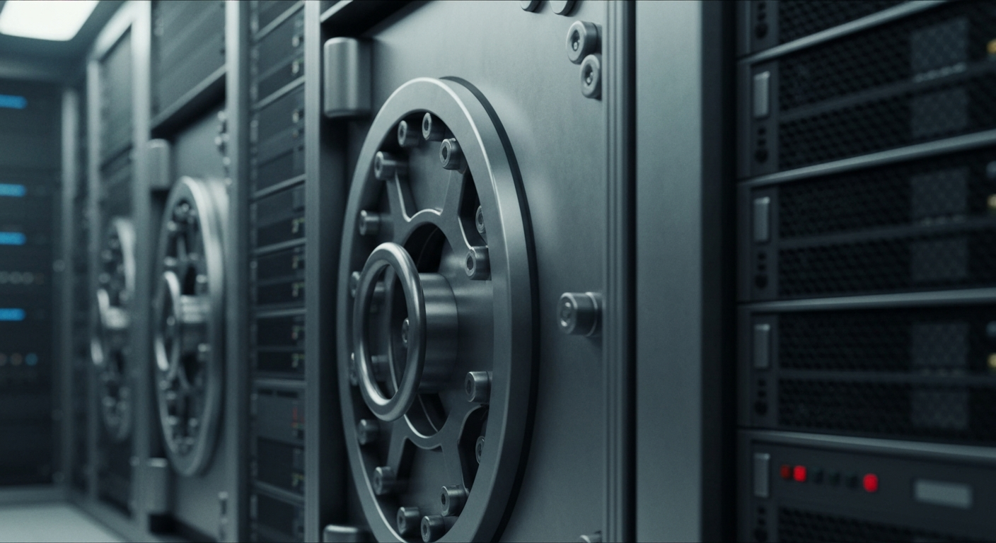 An extreme close-up of heavy, industrial banking machinery and equipment, such as vault doors and cash counting machines, conveying a sense of financial stability and institutional power without using any literal currency or charts.