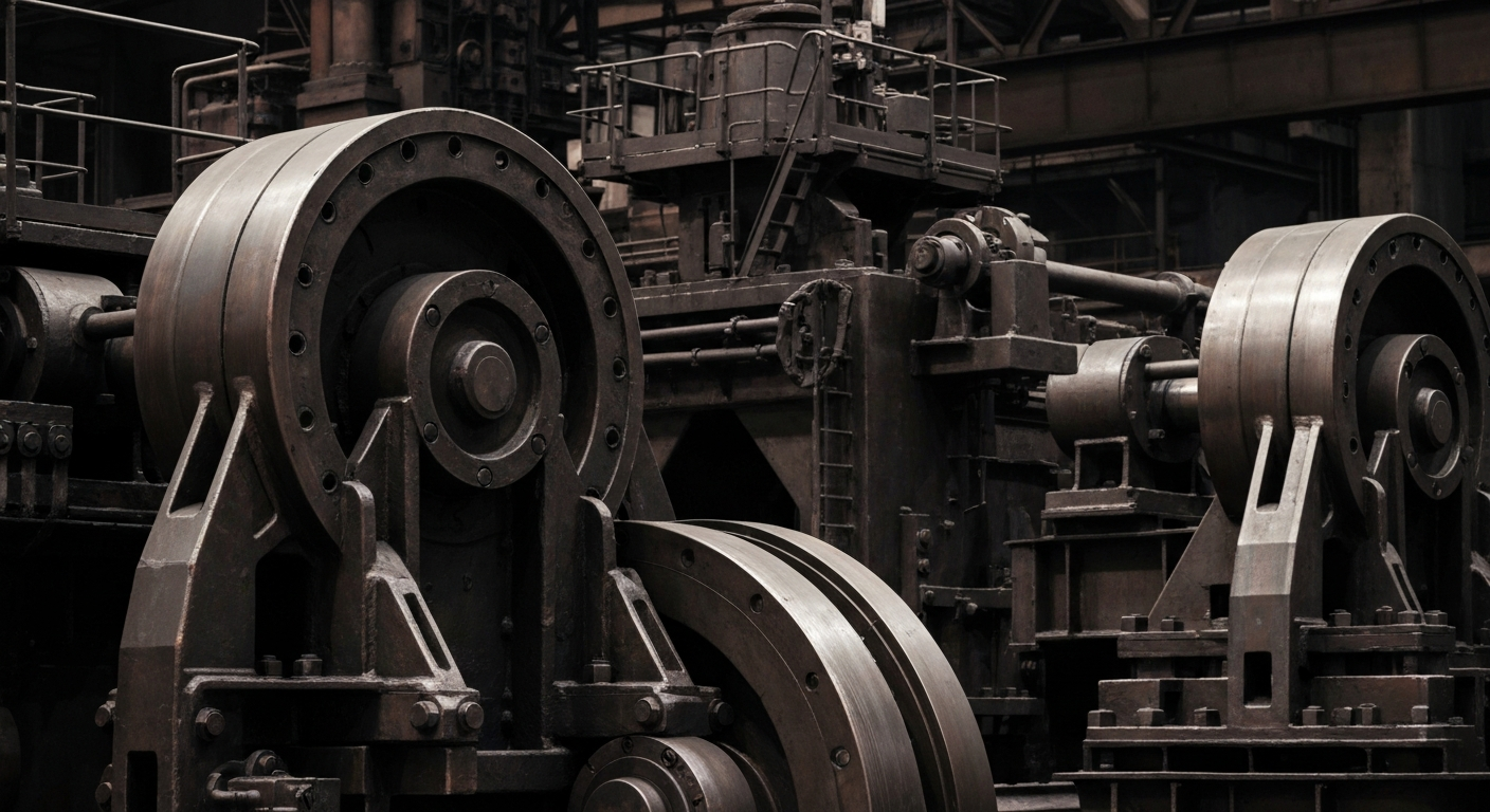 An extreme close-up of heavy, industrial steel manufacturing equipment and machinery, conveying the tangible, physical nature of the steel industry without using any literal financial symbols or text.