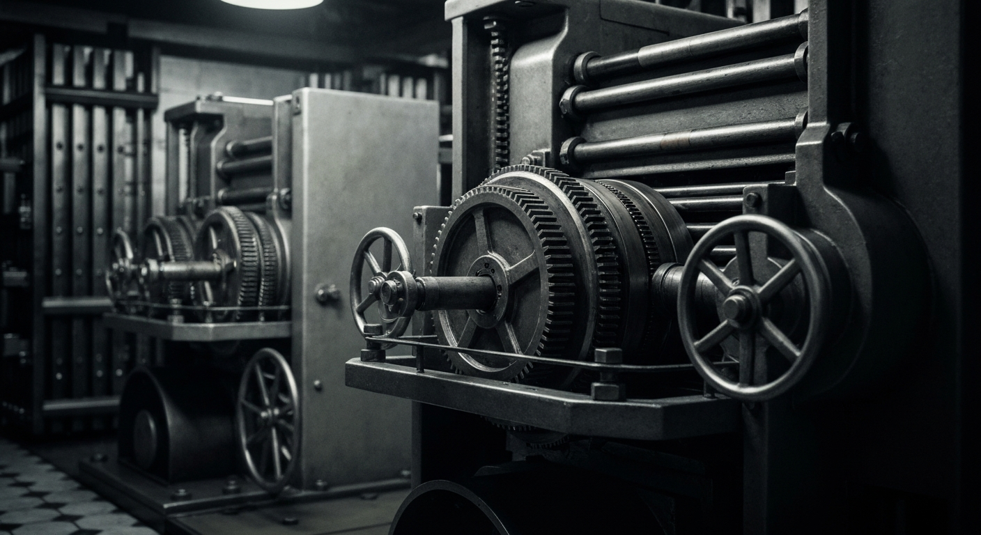An extreme close-up of complex, interlocking gears and levers of an industrial banking machine, conveying the inner workings and mechanics of the financial industry.