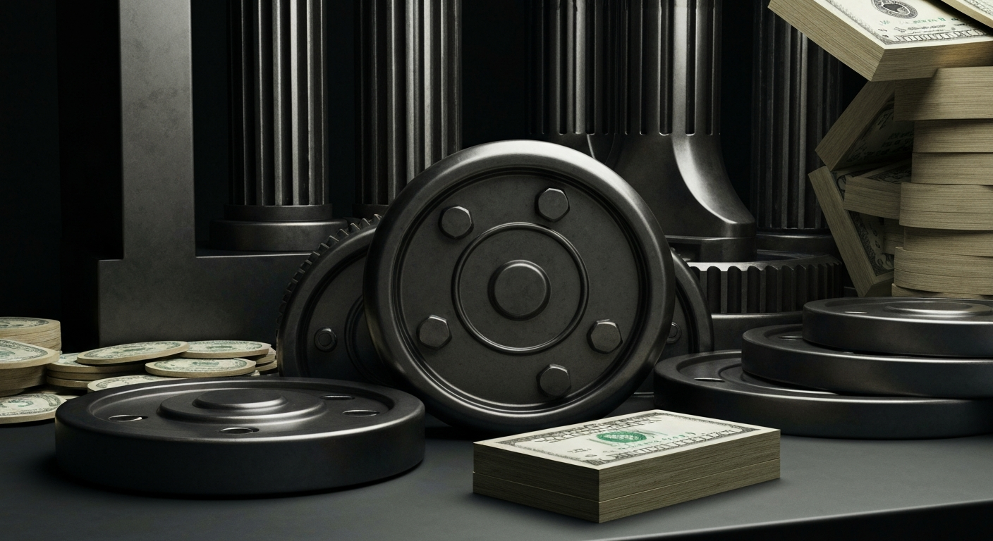 A highly detailed, black-and-white close-up image of the gears, levers, and mechanisms of a large industrial banking machine, conveying a sense of the tangible, physical infrastructure that supports financial institutions.