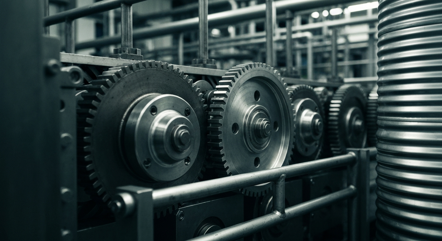 An extreme close-up of the inner workings of a metal can manufacturing machine, with gears, pulleys, and other industrial components filling the frame in a high-contrast, black-and-white style reminiscent of the photography of Margaret Bourke-White, conveying the technical sophistication and scale of Ball Corporation's production capabilities.