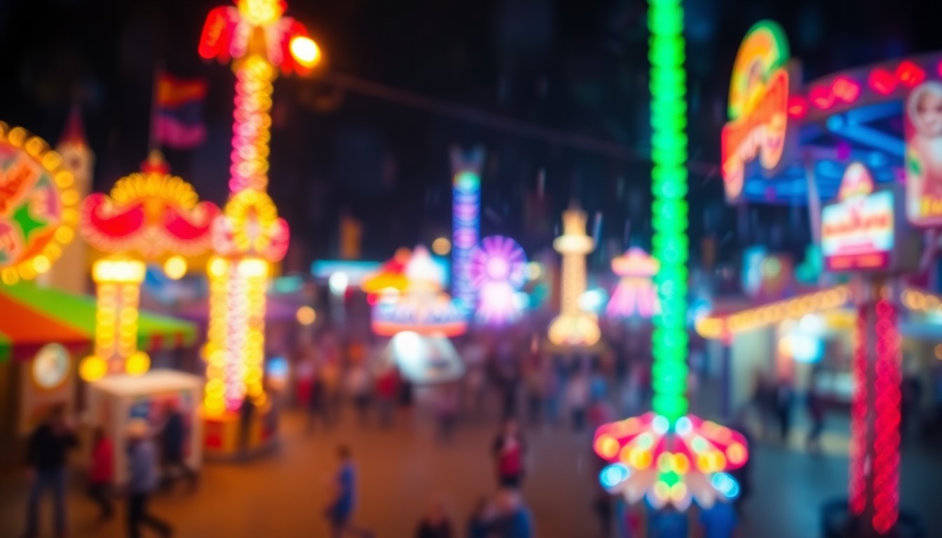 An impressionistic, out-of-focus scene of a carnival midway at night, with blurred lights, rides, and crowds creating a dreamlike, atmospheric composition in warm, vibrant colors.