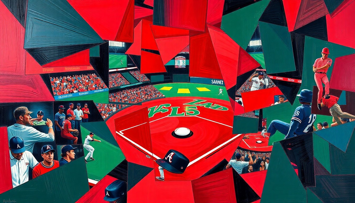 A fragmented, geometric painting depicting the dynamic action of a college baseball game, with the opposing teams' colors and uniforms blending together in an abstract, artistic style.