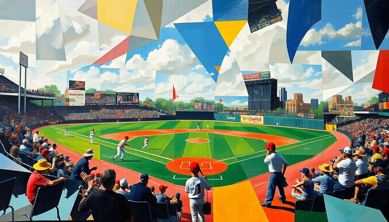 A fragmented, geometric painting depicting the dynamic action and camaraderie of a Little League baseball game, with players, field, and spectators broken down into abstract shapes and planes of color.