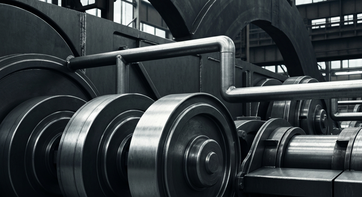 An extreme close-up of gleaming, textured steel machinery and equipment, conveying the heavy, industrial nature of Nucor's steel production without using any text or identifiable elements.