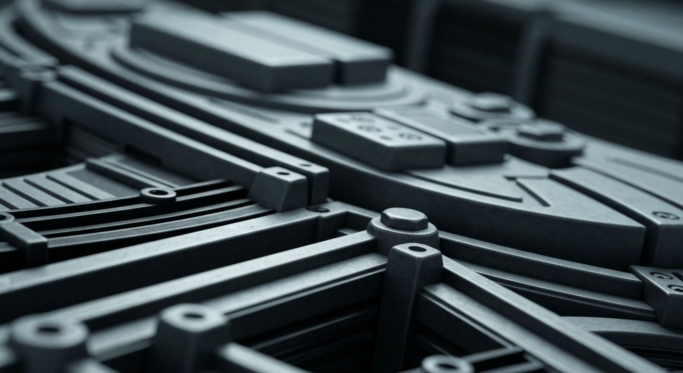An extreme close-up of a tangle of gears, levers, and metal components in muted industrial tones, conceptually representing the institutional financial systems that support the biotech sector.