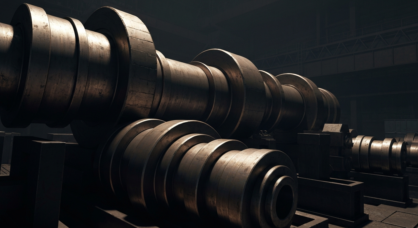 An extreme close-up of the intricate, heavy machinery and equipment used in the production of rare earth metals and permanent magnets, conveying the technical complexity and industrial nature of REalloys' operations.