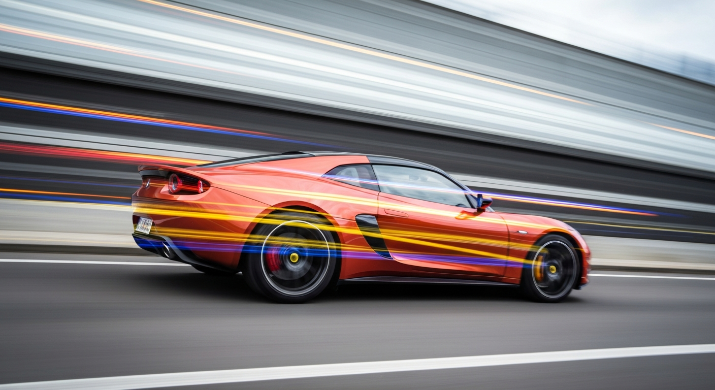 An abstract, blurred image of a Lotus electric vehicle in motion, with vibrant streaks of color representing its speed and power.
