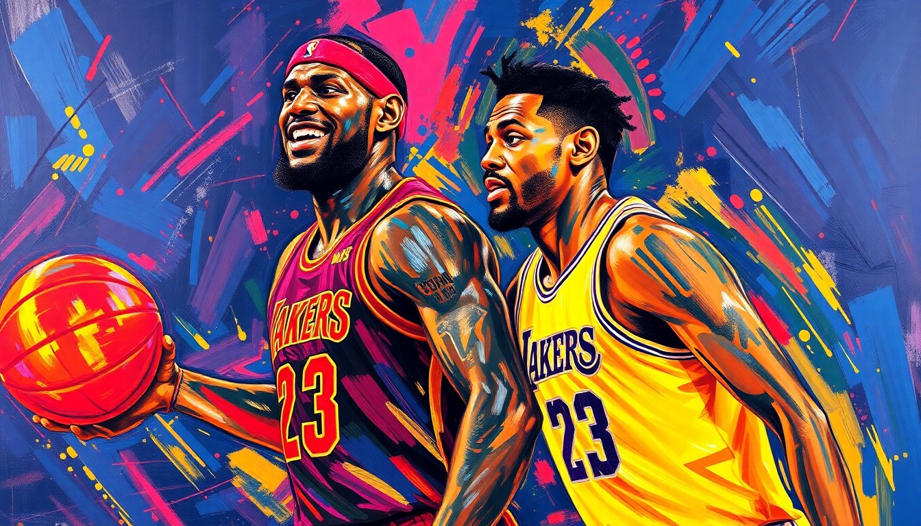 An abstract, expressionist painting in neon colors depicting the dynamic movements and energy of basketball, with the figures of LeBron and Bronny James indistinctly blending together, conceptually representing their historic father-son moment on the court.