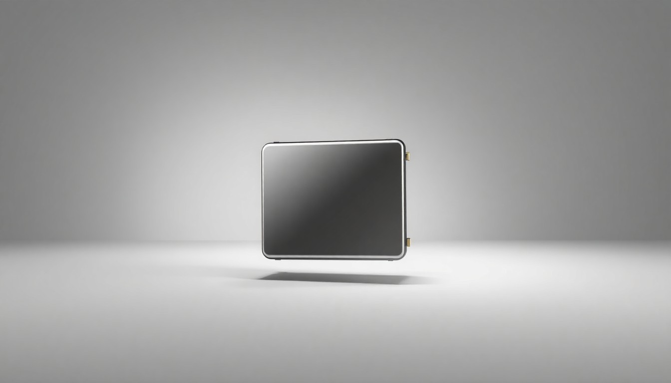 A close-up photograph of a single, polished metal battery cell or module floating on a clean, monochromatic grey background, dramatically lit from the side to highlight its sleek, geometric form.