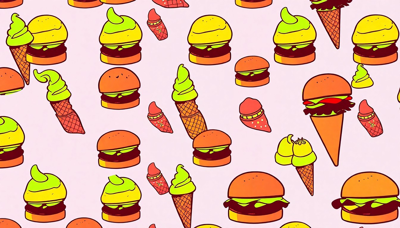 A high-contrast silkscreen print in neon pink, orange, and blue, repeating the image of a dripping ice cream cone in a grid pattern, conveying the nostalgic and celebratory mood of a beloved local summer tradition.