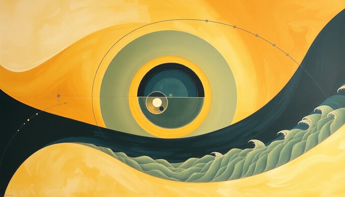 A highly structured abstract painting in earthy tones of ochre, sage, and indigo, featuring sweeping geometric arcs, concentric planetary circles, and precise botanical spirals, conceptually representing the complex forces and concepts of the Artemis II mission to the Moon.