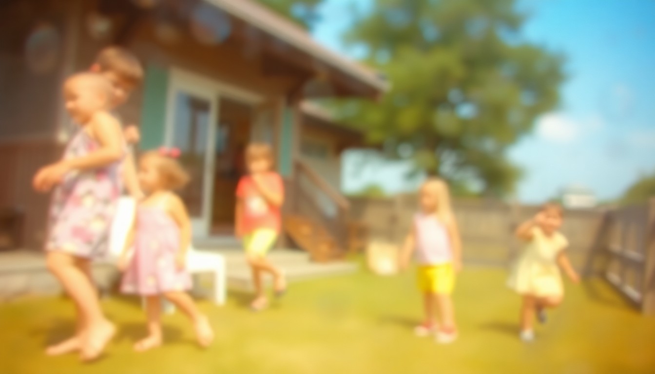 An impressionistic, out-of-focus scene of children playing outdoors, with soft pools of warm color and light, conveying a sense of nostalgia and simplicity.